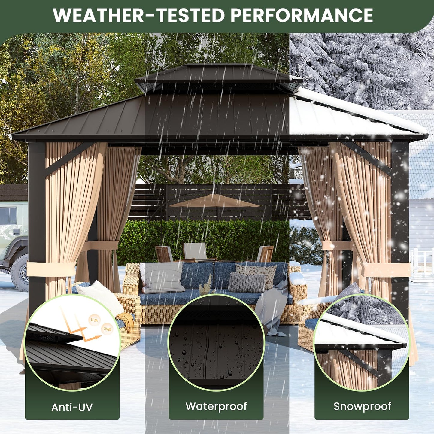 SOLUMIA 10’x12’ Hardtop Gazebo, Galvanized Steel Double Roof Canopy with Aluminum Frame, Outdoor Pavilion with Nettings and Curtains