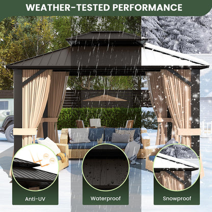 SOLUMIA 10’x12’ Hardtop Gazebo, Galvanized Steel Double Roof Canopy with Aluminum Frame, Outdoor Pavilion with Nettings and Curtains