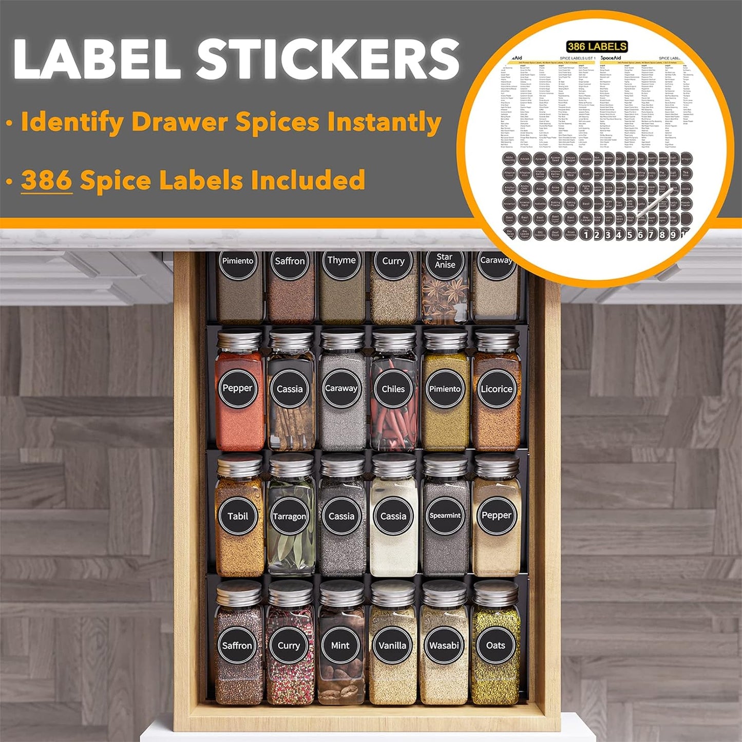 24 386 4 11.25" 17.5" SpaceAid Spice Drawer Organizer with Spice Jars, Spice Labels, Tier Seasoning Rack Tray Insert