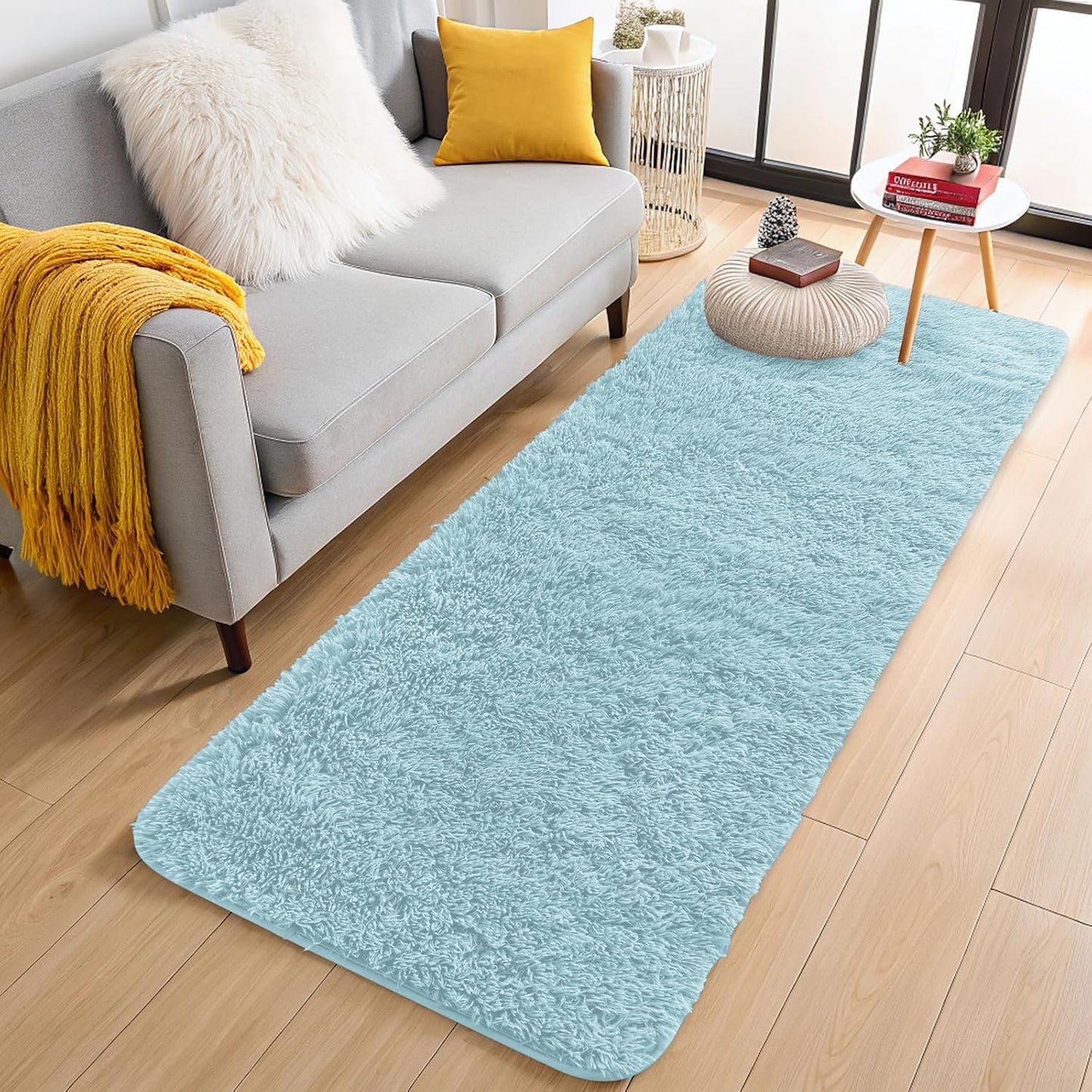 OLANLY Machine Washable Runner Rugs - Soft Fluffy Shaggy Indoor Carpet for Bedroom & Hallway | Light Blue