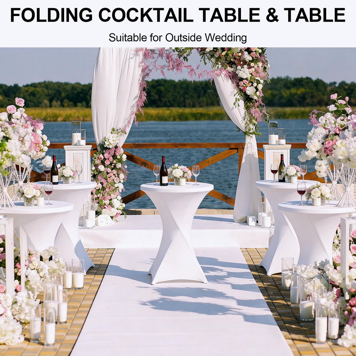 HTVSHEE 2 Set 32" Cocktail Tables Round Folding High Top Tables with Removable Legs & 2 White Stretch Table Cover Hightop Table for Bar Indoor Parties Patio Wedding