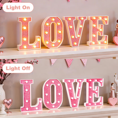 Valentine’s Day Decorations – Galentines LED LOVE Marquee Light Letters, Pink Glitter Battery Operated Tabletop Sign for Home, Party, Shelf and Mantel Décor