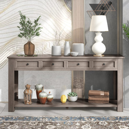 Jintop Solid Wood Console Sofa Table with 4 Drawers and Tabletop,Bottom Shelf for Entryway Hallway or Living Room,Space Saving,Easy to Assemble,Gray Wash,63" L×14" W×30" H