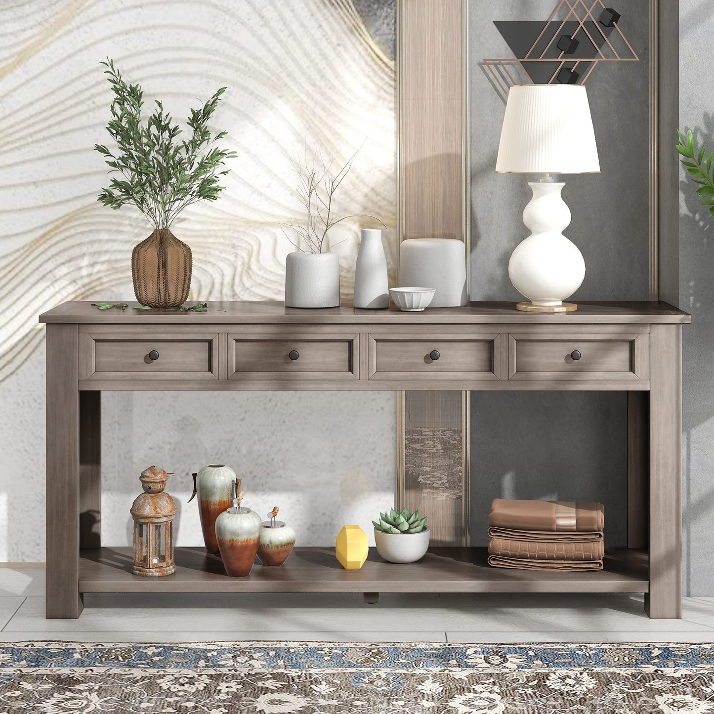 Brisca Solid Wood Console Sofa Table with 4 Drawers and Tabletop,Bottom Shelf for Entryway Hallway or Living Room,Space Saving,Easy to Assemble,Gray Wash,63" L×14" W×30" H