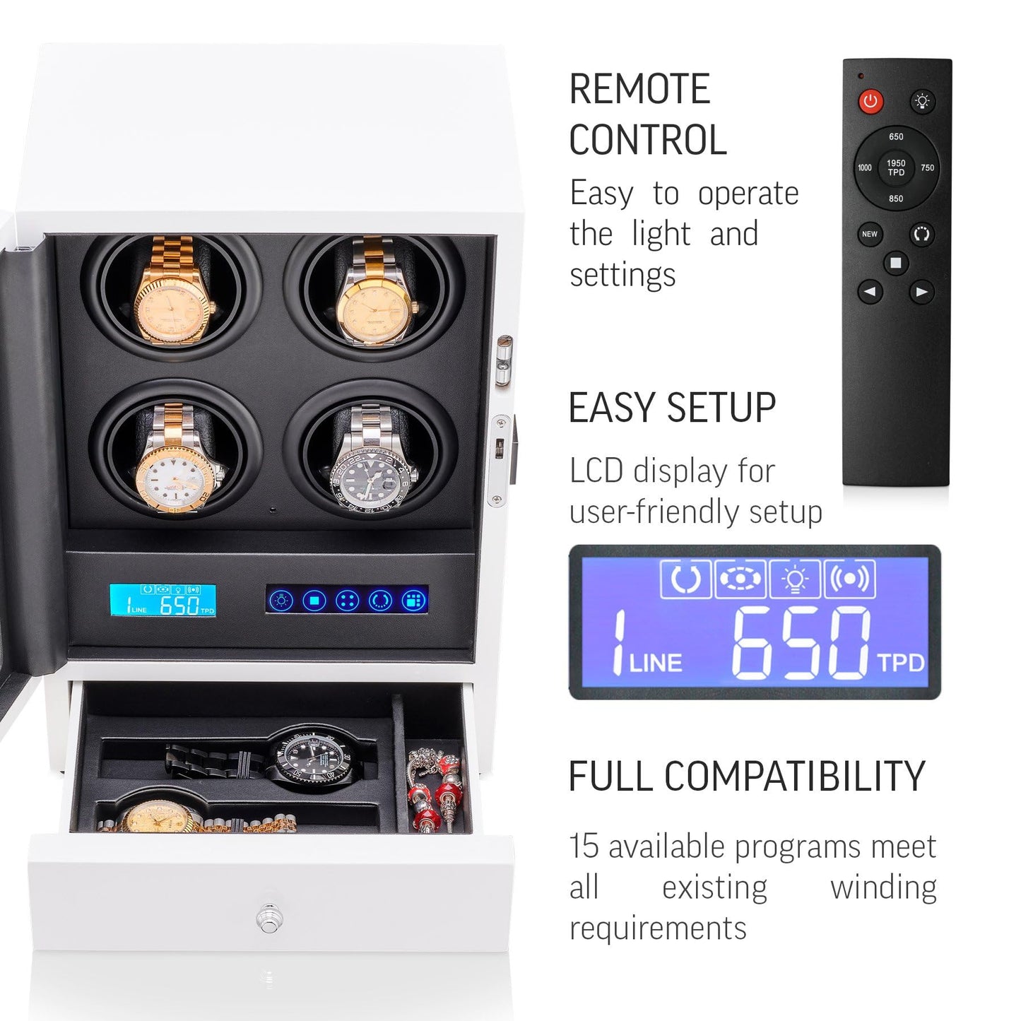Automatic Watch Winder with LED Light, Storage Drawer and LCD Touchscreen Control (White)