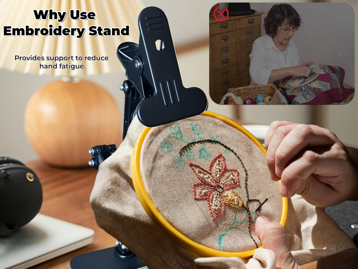 OWFCCLA Embroidery Hoop Holder Stand for Cross Stitch - Adjustable Lap & Table Stand with Weighted Metal Base & Storage Organizer - Hands Free Foldable Embroidery Stand for Floor, Sitting & Tabletop.