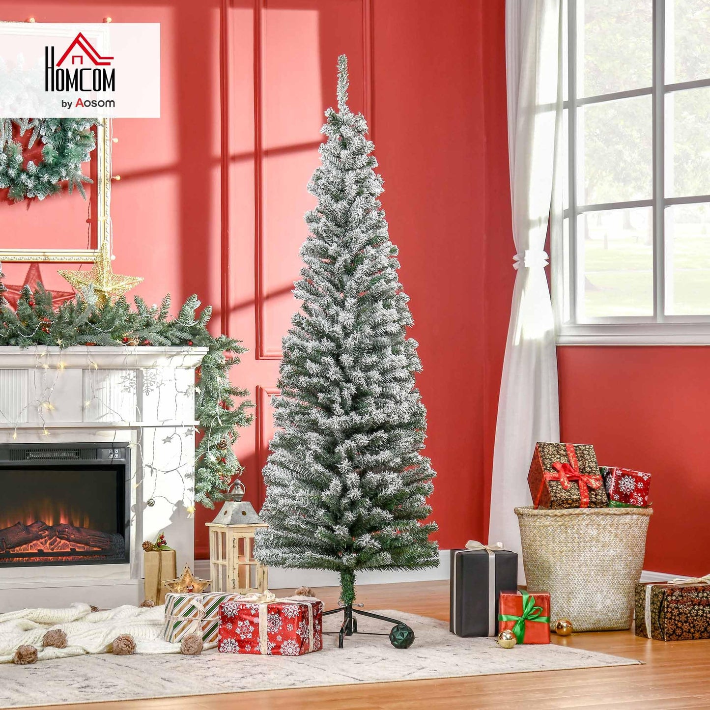 HOMOM 6ft Flocked Christmas Tree, Pencil Artificial Xmas Tree with Faux Snow, Dense Branches, Foldable Metal Base for Indoor Holiday Decor