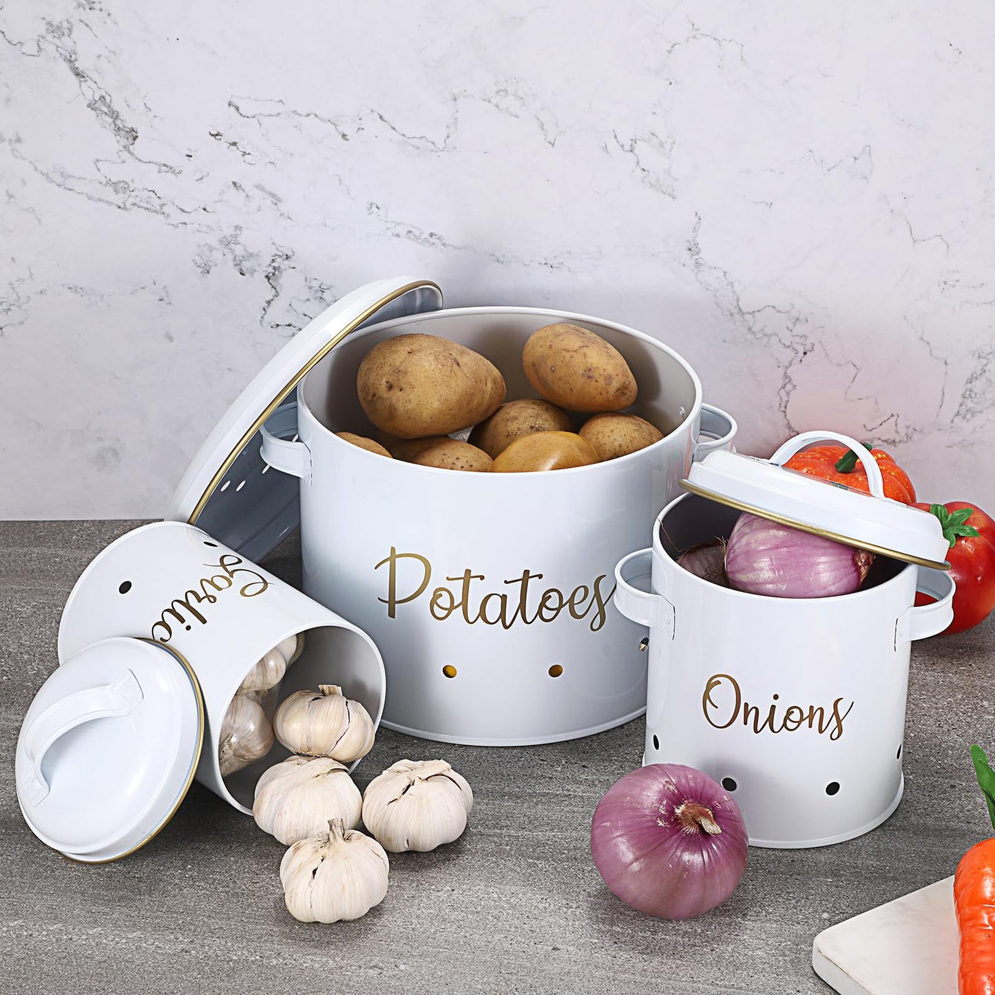 OwnMy Set of 3 Potato Onion Garlic Storage Bins Vegetable Containers Food Containers for Kitchen Counter, Potato Onion Storage Containers for Pantry Garlic Store Jars Vegetable Canisters Set, White