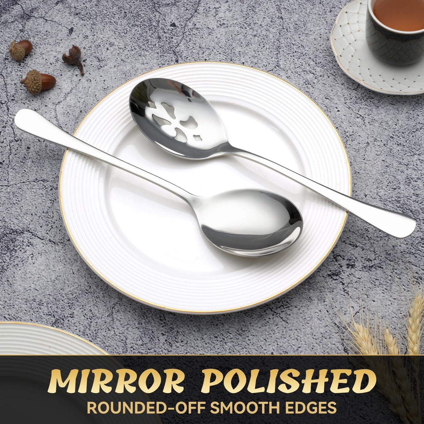 Keyoxy 8 Piece Stainless Steel Serving Spoon Set - 4 Large, 4 Slotted,Dishwasher Safe,10-Inch, for Parties/Kitchen/Buffet/Catering