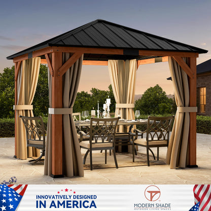 Modern Shade Tranquil Grove Wood Gazebo 10' x 10', Permanent Hardtop Gazebo with Galvanized Steel Roof, Mosquito Netting and Curtains, Cedar Outdoor Gazebo with Sturdy Hooks for Backyard