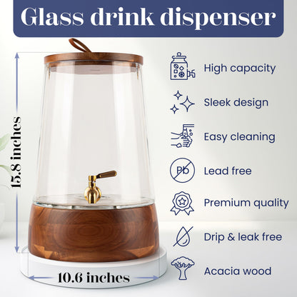 FOODLE Extra Large Glass Drink Dispenser with Spigot - Glass Beverage Dispenser with Stand - Perfect for Parties & Catering - Pitcher for Lemonade, Water, Sangria & Juice - Leakproof Spout - 3 Gallon