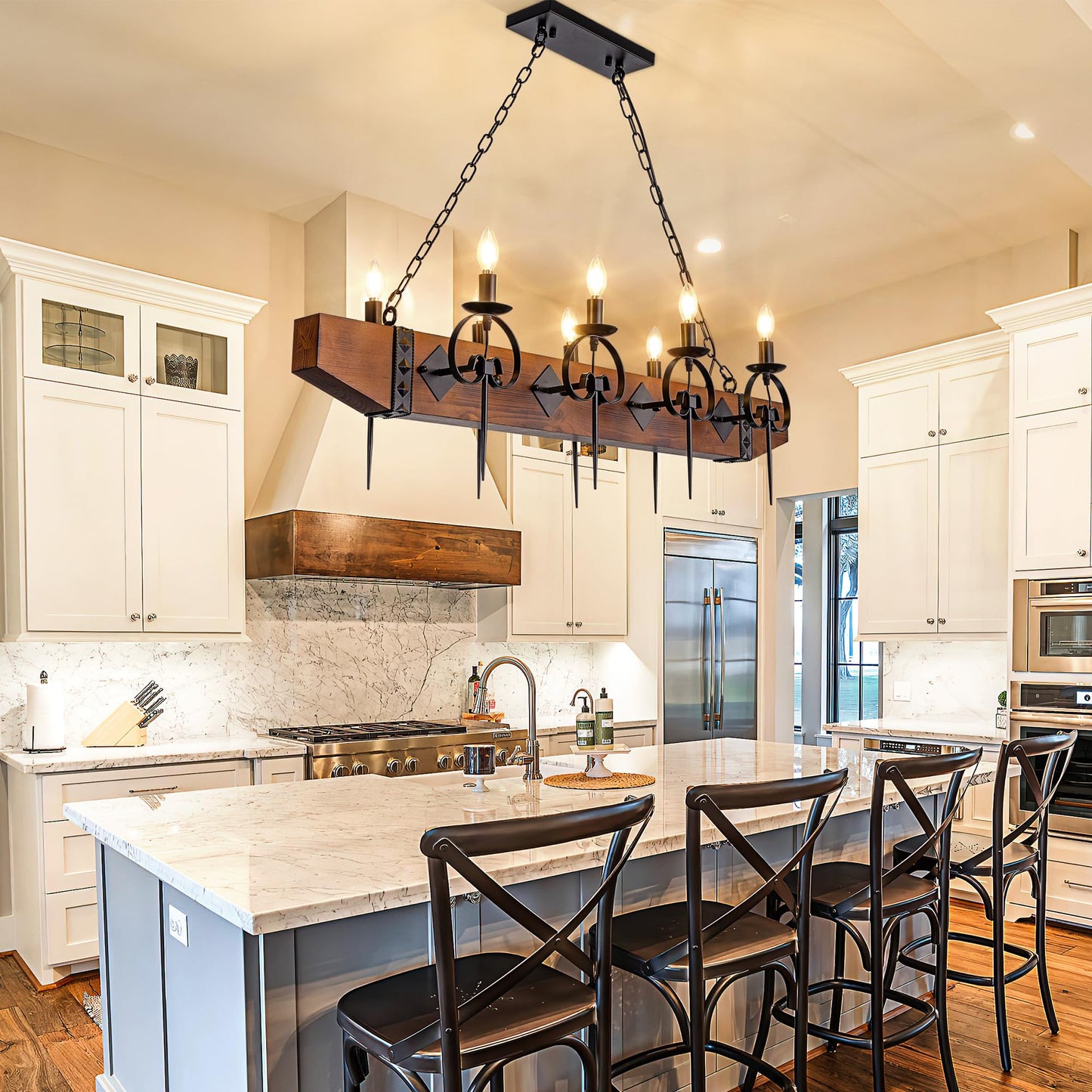 TOCHIC 48 Inch Black Farmhouse Chandelier, 8-Light Rustic Wood Chandeliers for Dining Room, Western Kitchen Pendant Lighting Over Island, Large Ceiling Light Fixture for Living Room, Bedroom, Bar