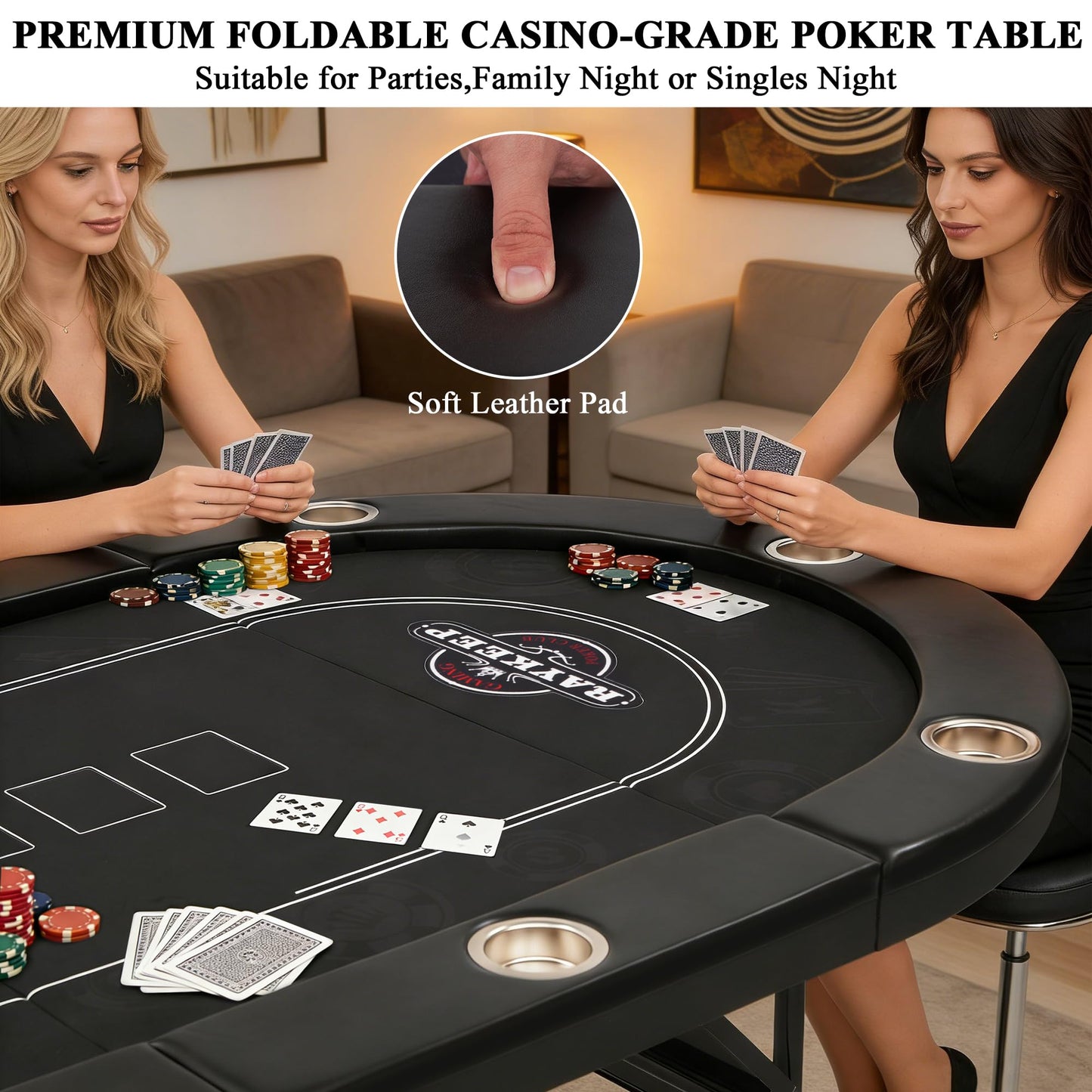 RAYKEEP 10 Player Poker Table Foldable, 84" Folding Blackjack Texas Holdem Table, Portable Casino Leisure Card Board Game Table with Cup Holders and Padded Rails for Game Room (Black)
