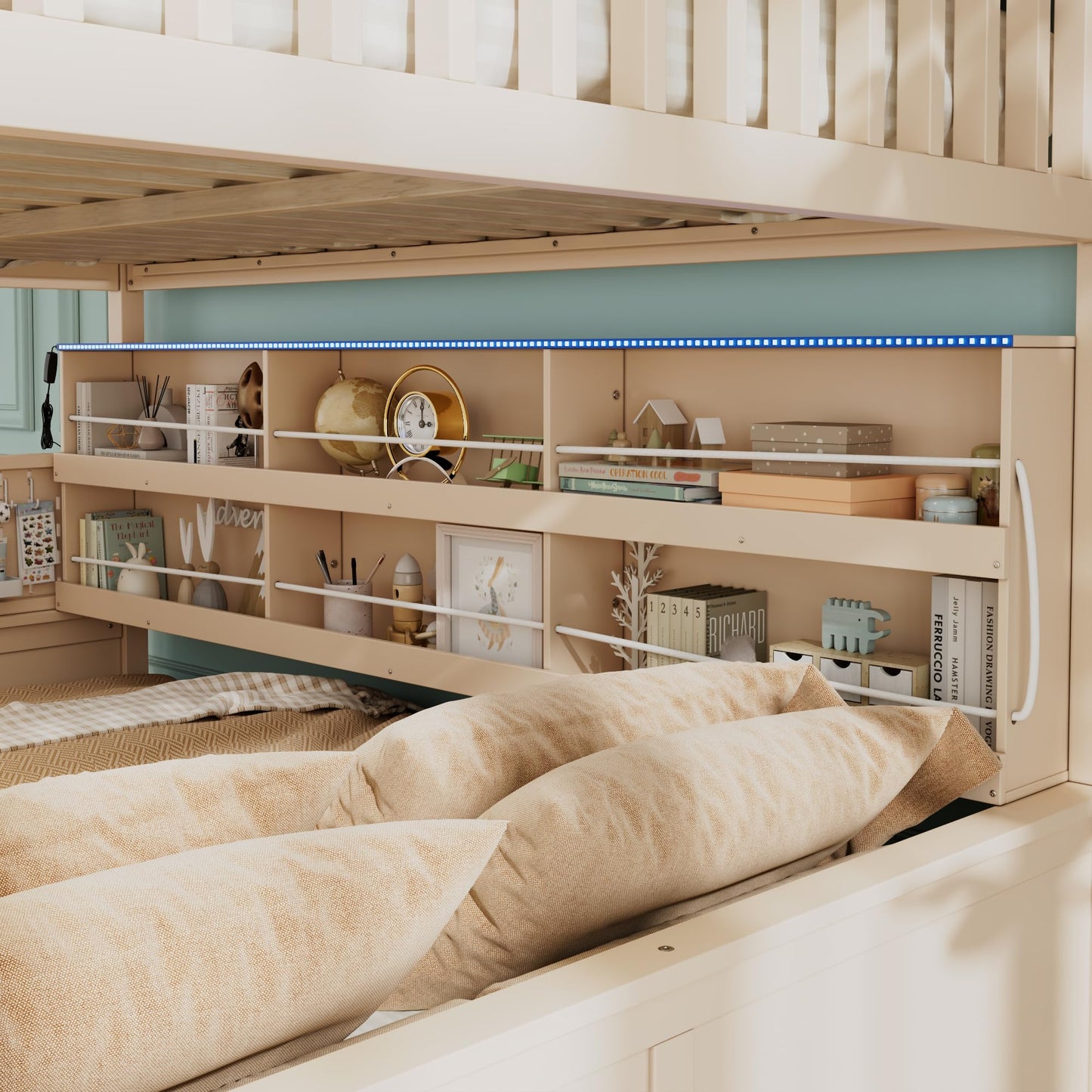 Merax Full XL Over Queen Wood Bunk Bed Frame with Integrated Side Storage Shelves and Anti Falling Rope, Color-Changing Lights, Pegboard, Safe Guardrail and Ladder, for Teens, Adults, Guests (Beige)