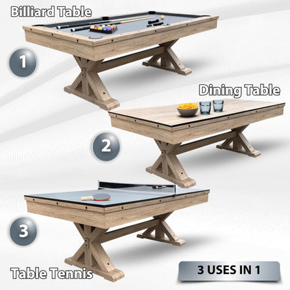 7' 3 in 1 Multi Game Pool Table with Dining Top Pool Ping Pong Table Combo with Dual Storage Bench Seating. Includes Billiards, Ping Pong Accessories. (Rustic Oak with Grey Felt)