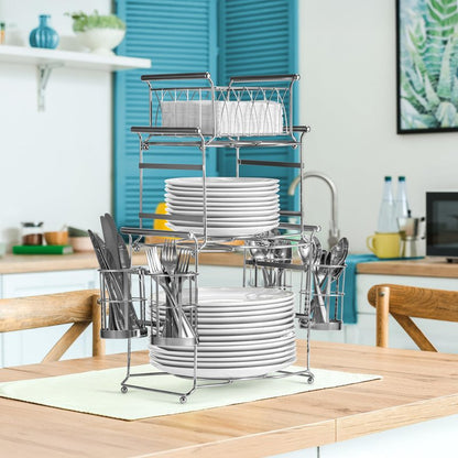 Sorbus Buffet Caddy — 7-Piece Stackable Set Includes Plate, Napkin, and Silverware Holder, 3-Tier Detachable Tabletop Organizer Ideal for Kitchen, Dining, Entertaining, Parties, Thanksgiving (Silver)