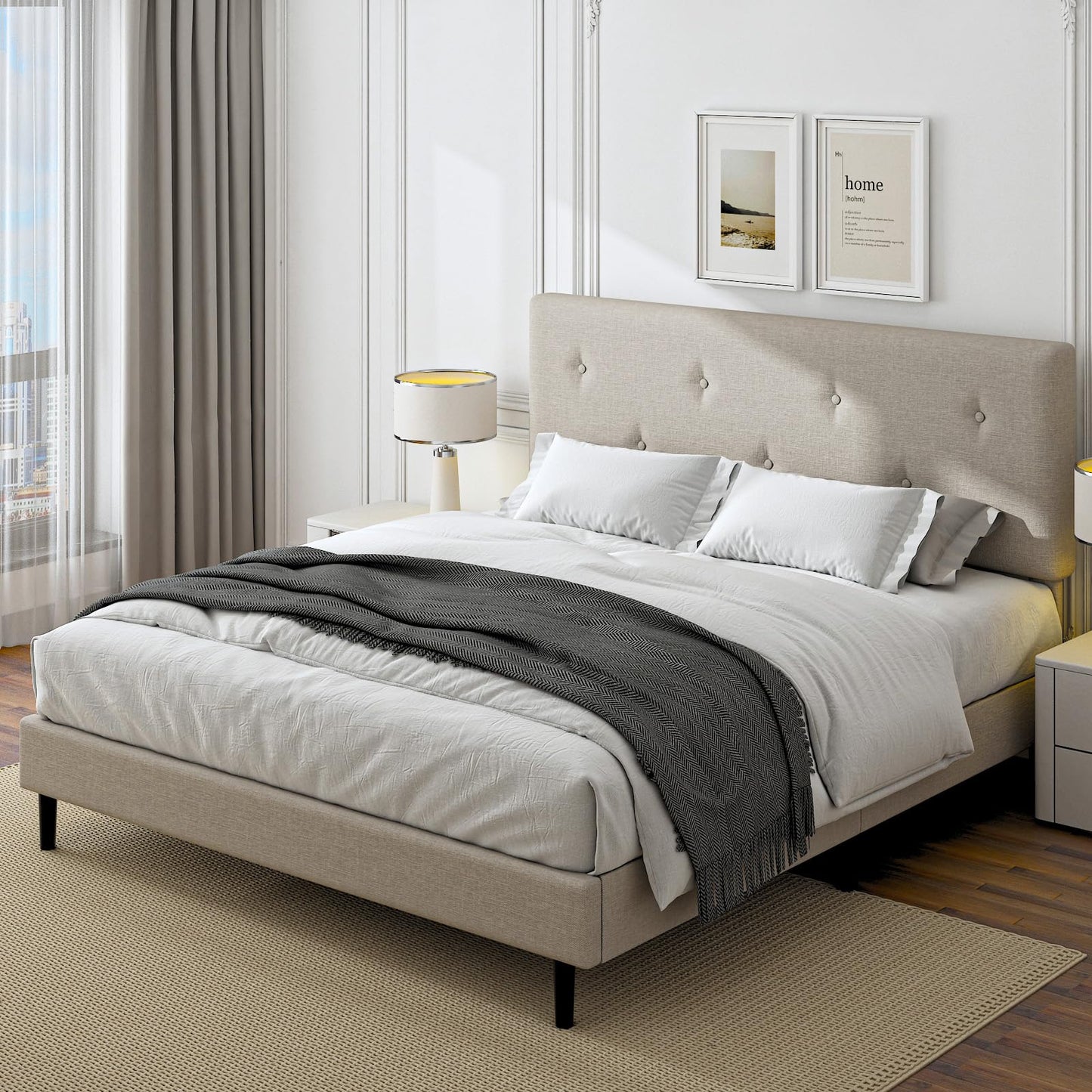 Mxhtcewz King Size Linen Bed Frame, Upholstered Platform Bed Frame with Adjustable Headboard, Wooden Slats Support, Easy Assembly, No Box Spring Needed, Beige