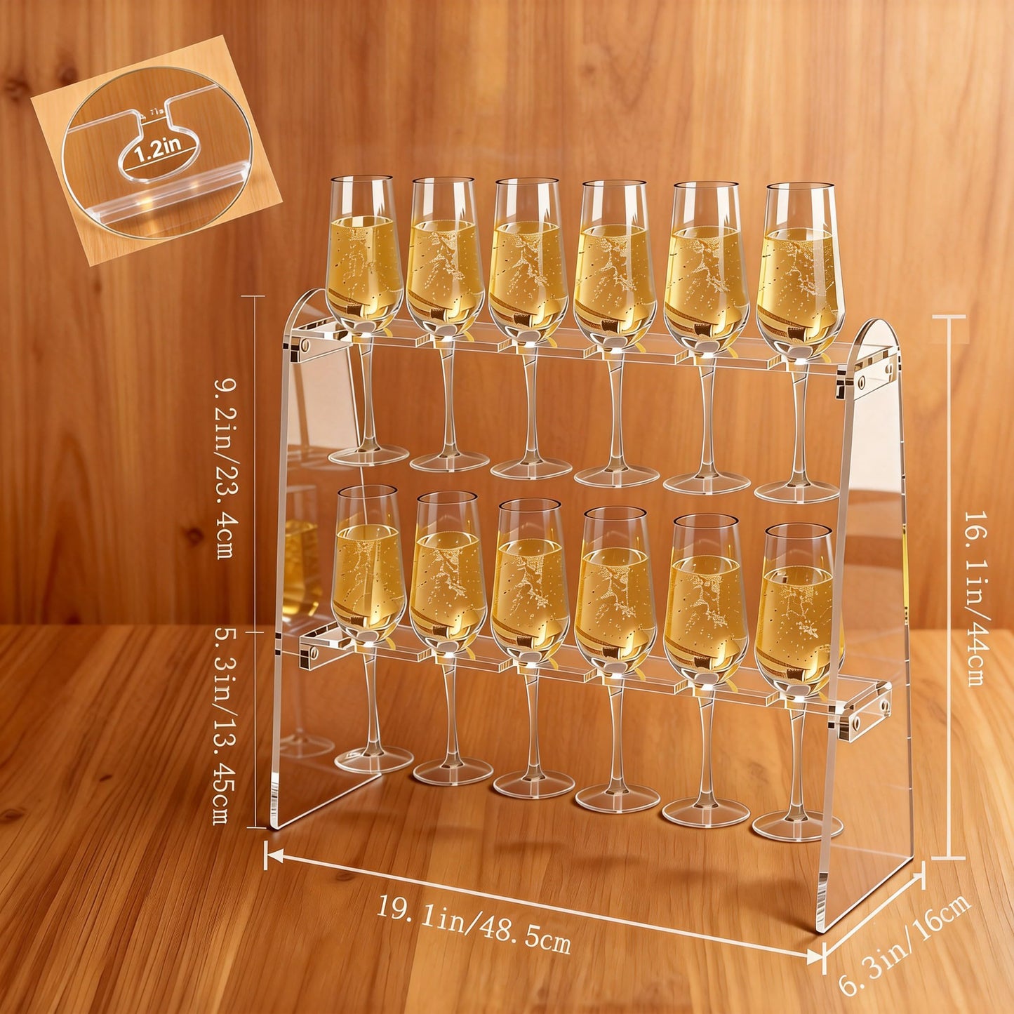 SOVQUEST Acrylic Stemware Rack, 2 Tier 12 Slot Trapezoid Champagne Wine Glass Holder, Modern Durable Countertop Bar Storage Organizer (Trapezoid)