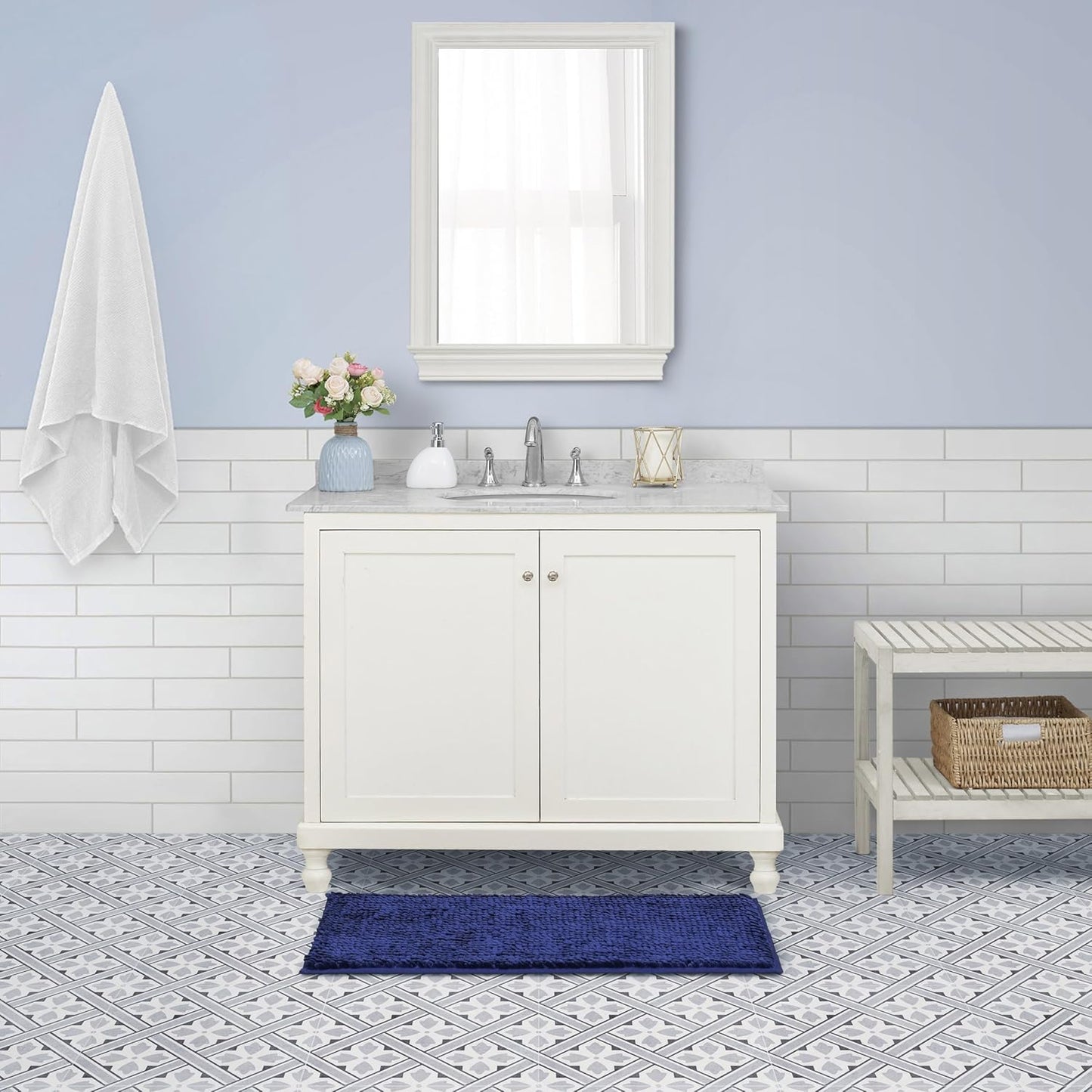 Laura Ashley Butter Chenille Bath Rug, Non Slip Shaggy Bathroom Mat for Tub and Sink - (20" x 34") Navy
