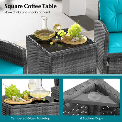 Tangkula 5 Pieces Patio Conversation Set, PE Wicker Rattan Outdoor Furniture Set with 2 Chairs, 2 Ottomans & Tempered Glass Coffee Table, Ideal for Poolside, Backyard, Lawn, Deck, Mix Grey & Turquoise
