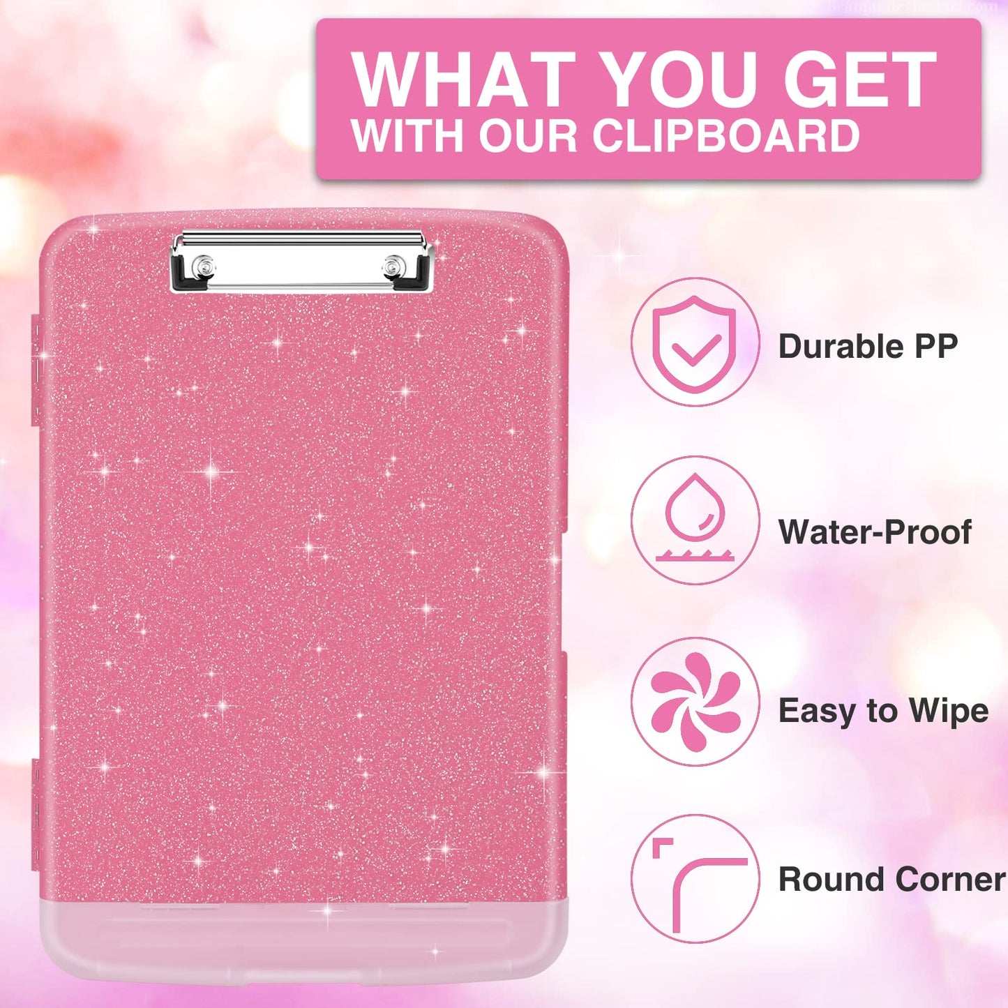 Sooez Glitter Clipboard with Storage, High Capacity Clip Boards 8.5x11 with Pen Holder, Cute Clipboards with Low Profile Clip, Sparkle Plastic Organizer Case Box for Women & Kids, Side Opening