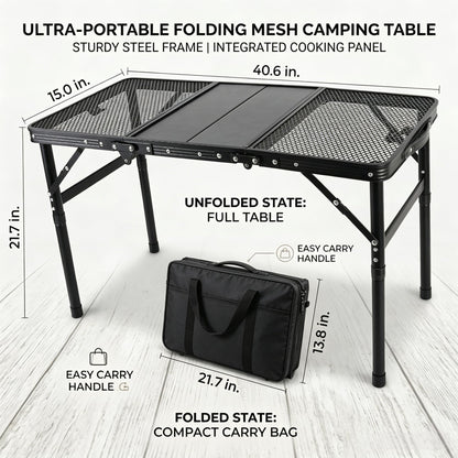 Portable Folding Aluminum Camping Table — IGT-Compatible Modular Camp Kitchen Table, Carbon Steel Mesh Top with Tactical Hooks & Carry Bag, for Camping Picnic Tailgating BBQ Outdoor Cooking