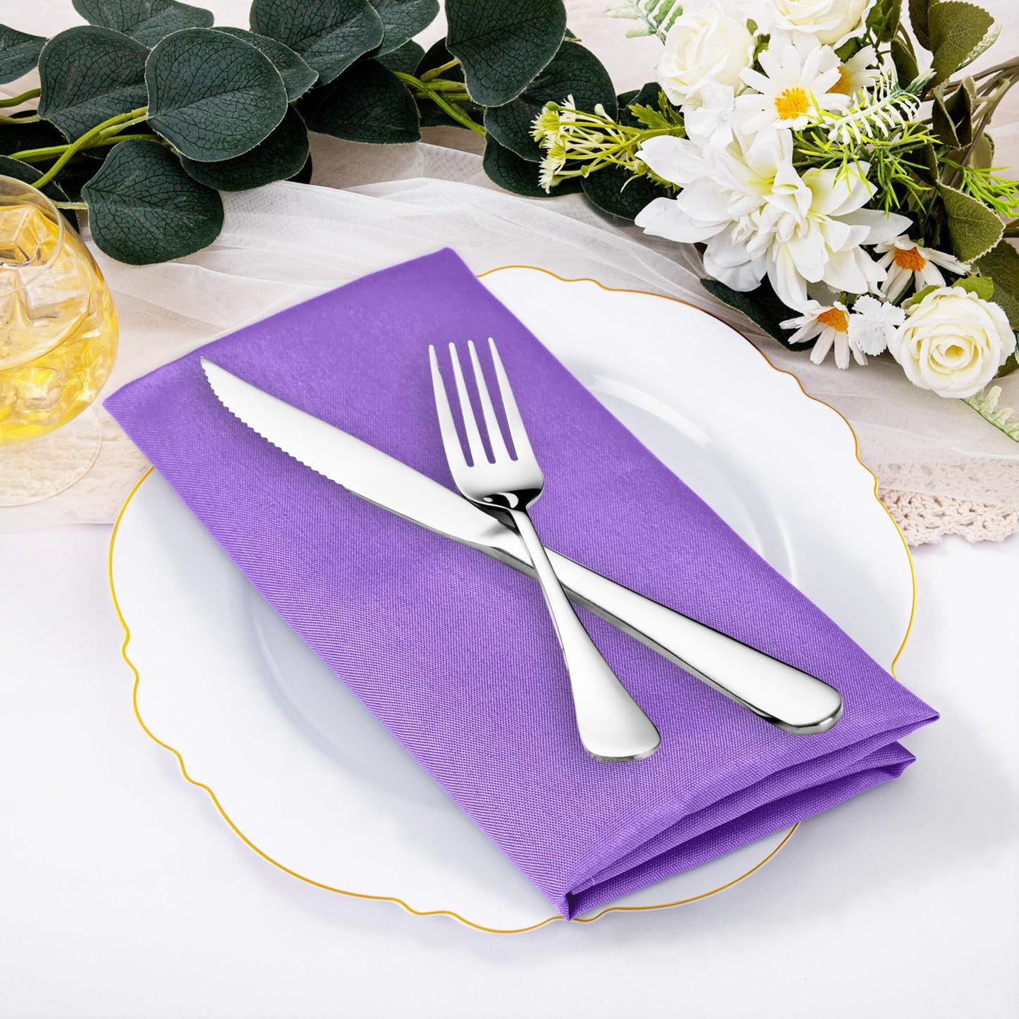 SuperO Set of 80 Cloth Napkins 17 x 17 Inch, Polyester Solid Washable Dinner Napkins with Hemmed Edges,Great for Restaurant, Wedding and Party(Purple)