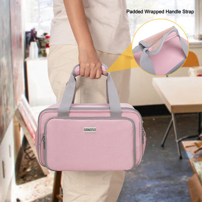 Acrylic Paint Organizer Bag for up to 54 Bottles (2 oz), Art Supply Storage Case with Handle Strap, Extra Pocket for Paint Brushes, etc, Aluminum Foil Liner for Easy Cleaning, Patented Design (Pink)