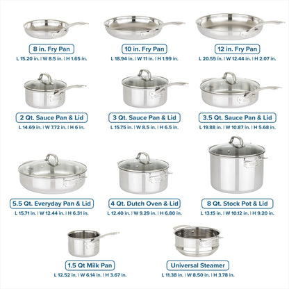 Viking 3-Ply Pots and Pans Set, 17 Piece Stainless Steel Cookware Glass Lids, Steamer Insert, Silver