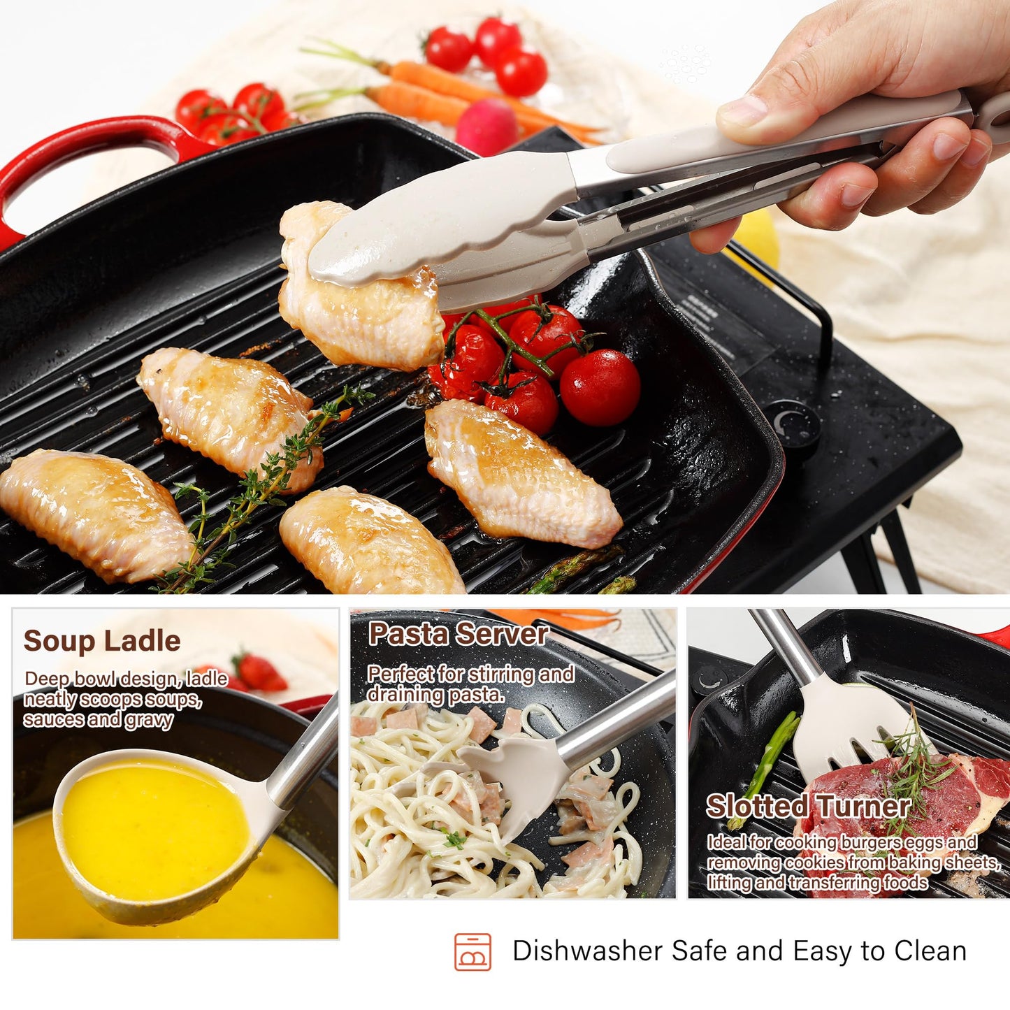 Silicone Cooking Utensils Set, NCUE 35 Pcs Kitchen Utensils Set with Holder, with Stainless Steel Handle Spatula Set, Spoons, Pasta Server, Cheese Grater, Masher, Scissors, Dishwasher Safe (Khaki)