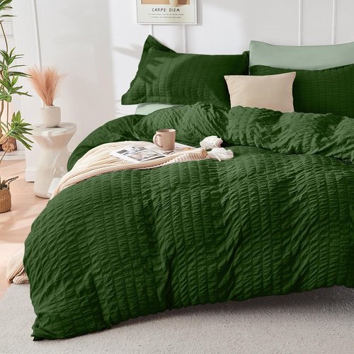 HYMOKEGE King Size Comforter Set - Dark Green & Sage Green Seersucker | 7-Piece All-Season Luxury Bedding Set