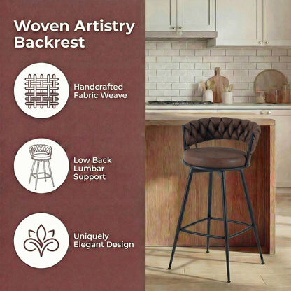 YOUNUOKE 360° Swivel Bar Stools Set of 2, 28 inch Seat Height Barstools with Woven Low Back, Metal Straight Legs with Footrest, Fabric Bar Stool for Kitchen Island, Bar & Pub (2 PCS, Dark Brown)
