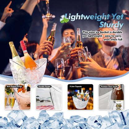 WELKOR 4L Clear Plastic Champagne Ice Bucket & Beverage Chiller Tub Set- Perfect for Parties, Mimosa Bars, Beer, Wine,Drinks & Cocktails (4L, 2 ice Buckets & 2 ice Scoops)