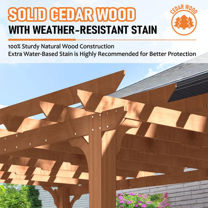 BlueWish 12’ x 14’ Cedar Wood Patio Pergola with Slatted Trellis Roof, Outdoor Pergola Backyard Gazebo with Solid Structure for Deck Yard Grill Party Garden