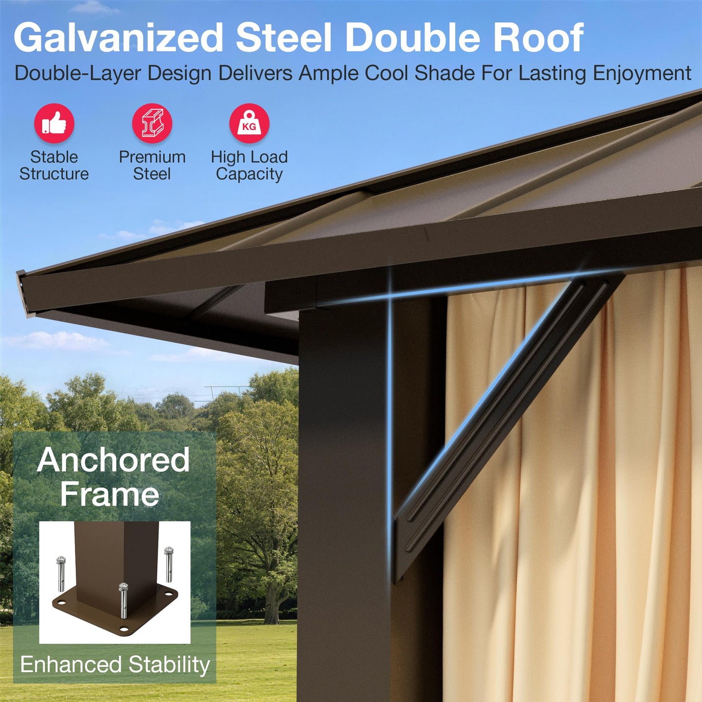 PAMAPIC 10x12FT Hardtop Gazebo,Galvanized Steel Double Roof with Aluminum Frame,Outdoor Permanent Pavilion with Breathable Netting & Privacy Curtain for Patio,Backyard,Deck,Lawn,Brown