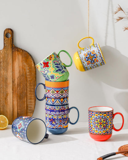 HENXFEN LEAD Boho Ceramic Coffee Mugs Set of 6 – 14 oz Porcelain Cups for Latte, Cappuccino, Tea & Cocoa – Microwave & Dishwasher Safe