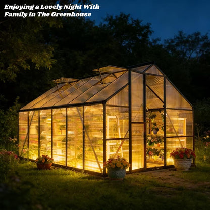 8x12 FT Greenhouse for Outdoors, Polycarbonate Greenhouse with Quick Setup Structure and Roof Vent, Aluminum Large Walk-in Green House for Outside Garden Backyard, Dark Gray