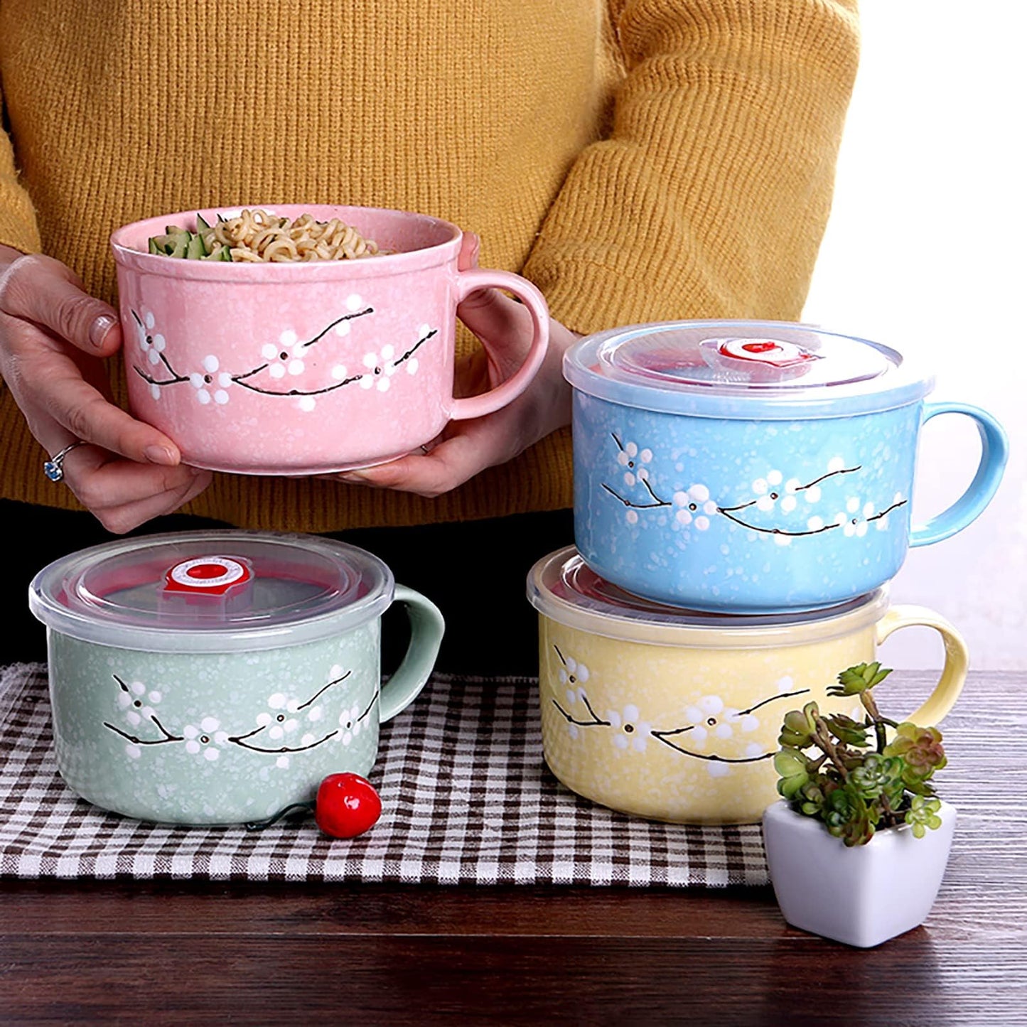 BxuxJar 4 Pack 30 oz Ceramic Bowl with Lid and Handle, Hand Painted Microwave Soup Bowl with Lid, Cute Microwave Ramen Bowls for Noodles, Porridge, Rice, Dishwasher Safe