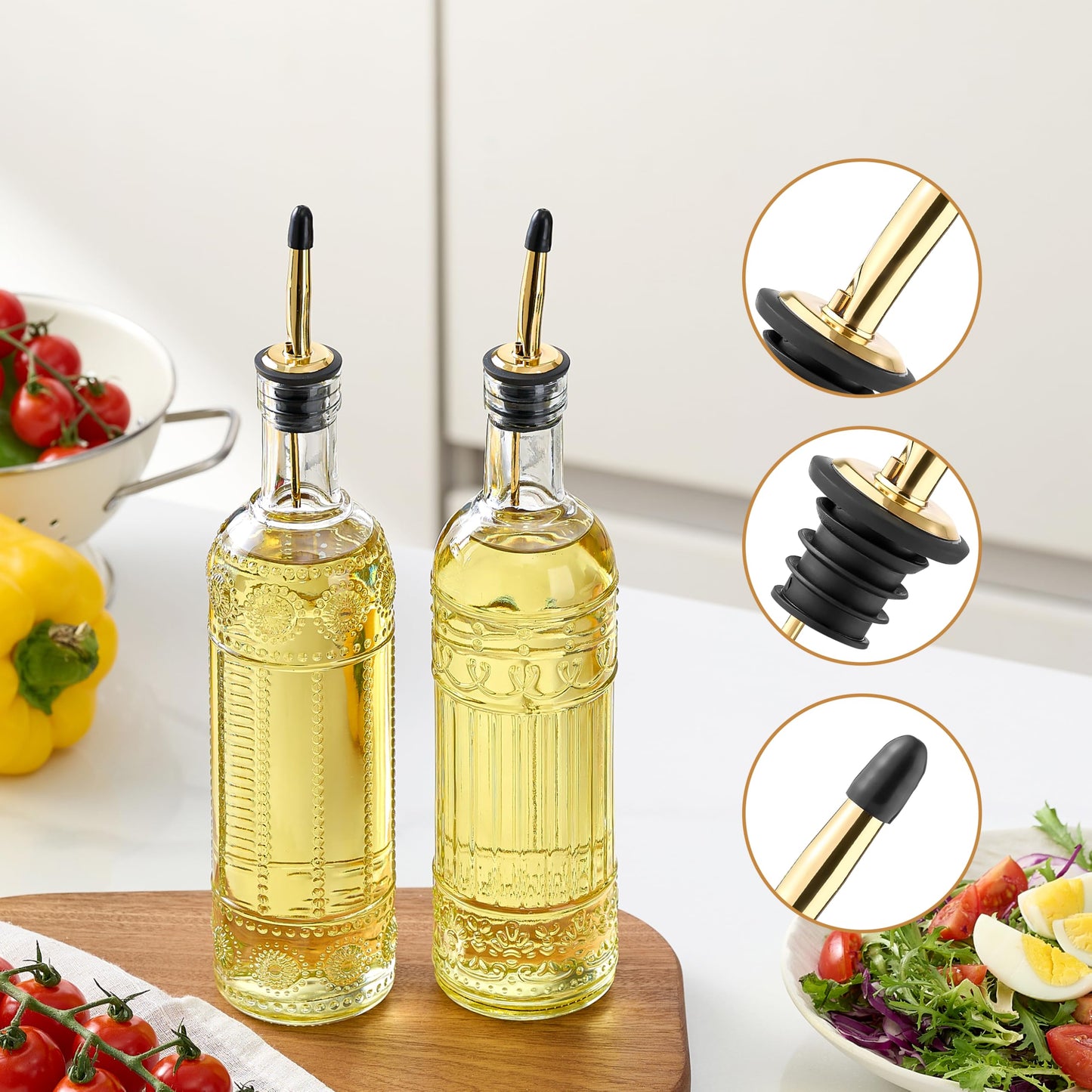 Ruiao 4 Pcs Olive Oil Dispenser Bottle for Kitchen,17oz Clear Glass Oil and Vinegar Dispenser Bottle Set, Classic Coffee Syrup Dispenser with 4 Stainless Steel Spouts and 1 Funnel (Round)