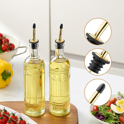 Ruiao 4 Pcs Olive Oil Dispenser Bottle for Kitchen,17oz Clear Glass Oil and Vinegar Dispenser Bottle Set, Classic Coffee Syrup Dispenser with 4 Stainless Steel Spouts and 1 Funnel (Round)