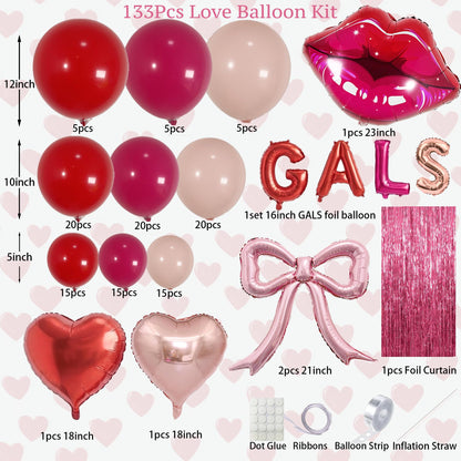 Galentine's Day Balloon Arch Kit - 133 Pcs Pink Red GALS Letter Balloons, Heart, Lip & Bow Foil Balloons with Pink Curtain for Valentine's Day, Bachelorette, Birthday Party Decorations