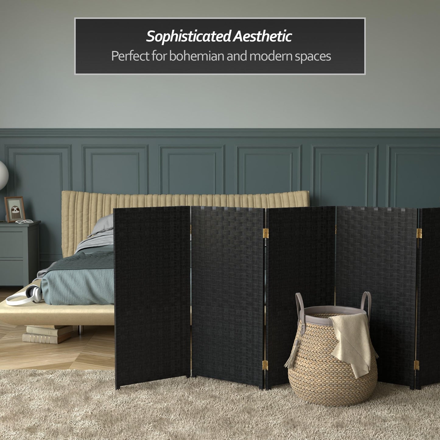 Red Lantern 3 ft. Short Woven Fiber Folding Screen - 8 Panel - Black