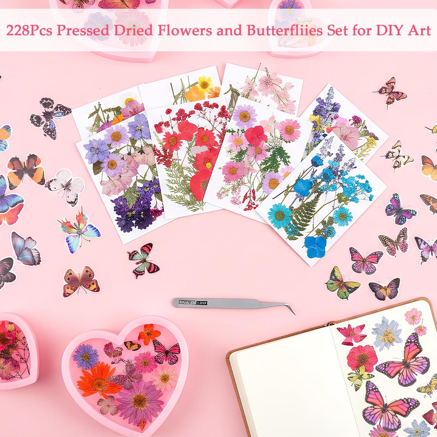 Dfqsofd 228Pcs Pressed Dried Flowers with Butterfly Stickers for Crafts, Natural Real Dried Pressed Flowers for DIY Art Butterfly Stickers Tweezers for Candle Soap Making, Scrapbook