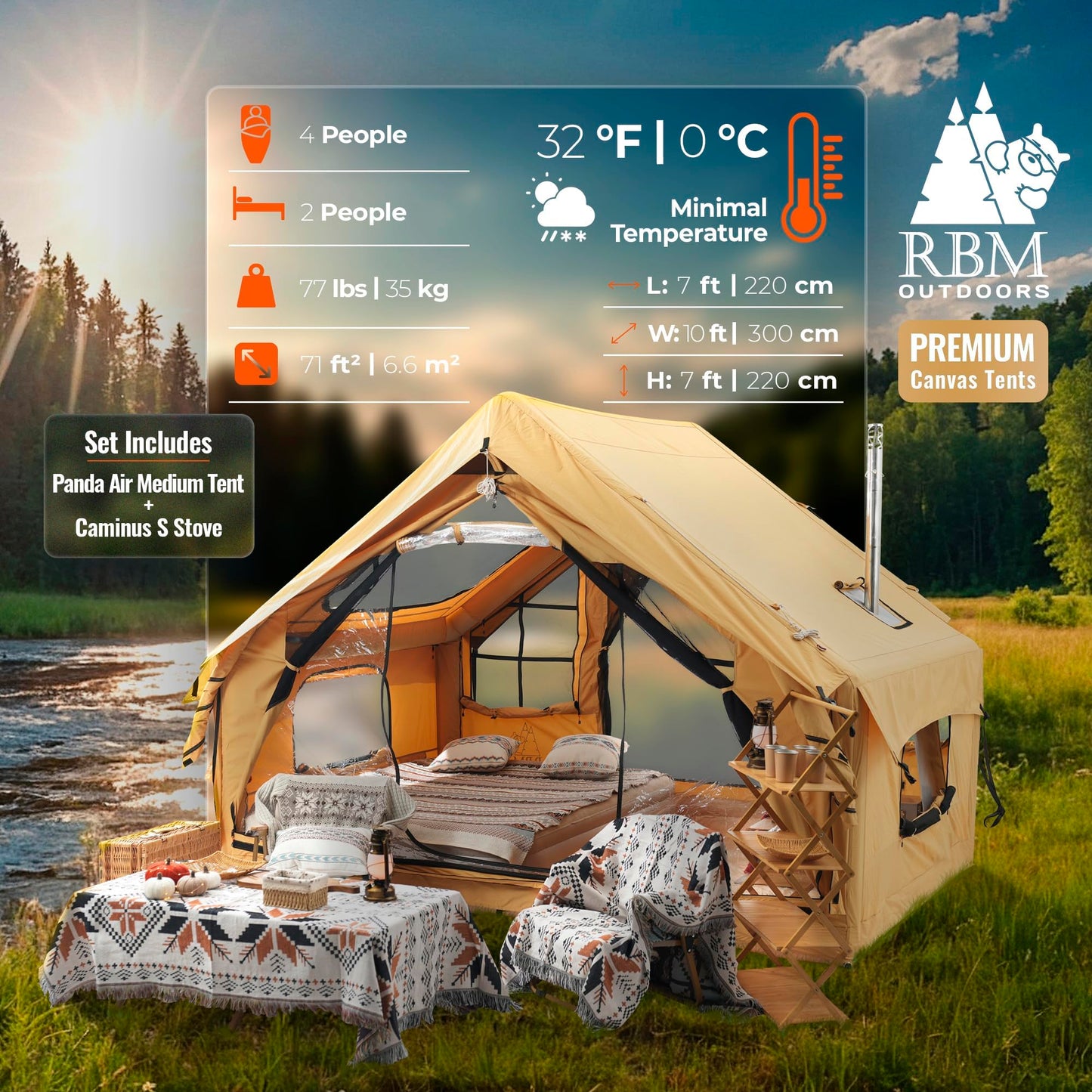 RBM Outdoors Panda Air Medium Inflatable Canvas Camping Tent for 2–4 People – Air Beam Tent with Stove Jack, Fast Setup, Hand Pump Included, Beige, Set
