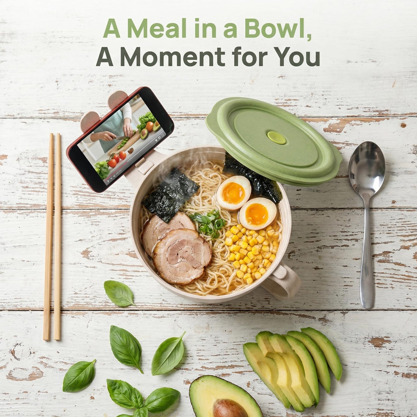 SOUJOY 2 Pack Noodle Bowl With Lid, 40 OZ Large Microwave Wheat Straw Soup Bowl with Phone Holder, Instant Noodle Bowl for Soup, Noodles, Ramen
