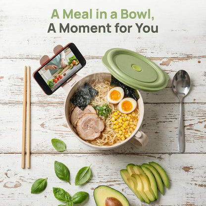 SOUJOY 2 Pack Noodle Bowl With Lid, 40 OZ Large Microwave Wheat Straw Soup Bowl with Phone Holder, Instant Noodle Bowl for Soup, Noodles, Ramen