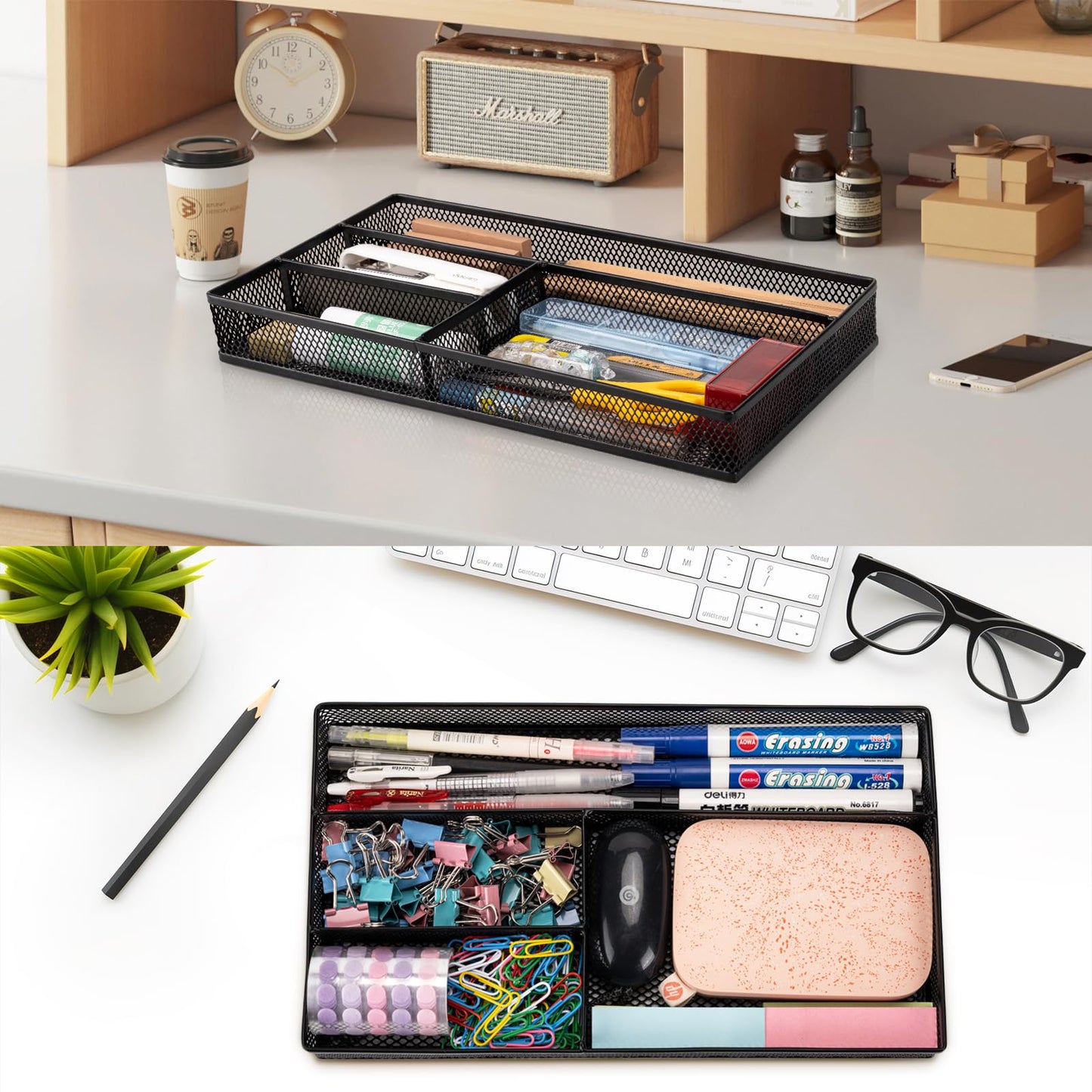 shenee Desk Drawer Organizer Tray,Drawer Organizer for Office and Home,Desk Organizer with Drawers,4 Compartments,Non-Slip Desk Organizers and Accessories for Stationery Makeup School (Black)