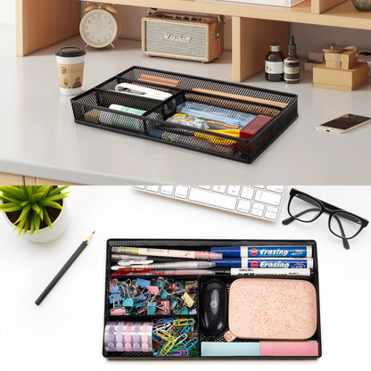 shenee Desk Drawer Organizer Tray,Drawer Organizer for Office and Home,Desk Organizer with Drawers,4 Compartments,Non-Slip Desk Organizers and Accessories for Stationery Makeup School (Black)