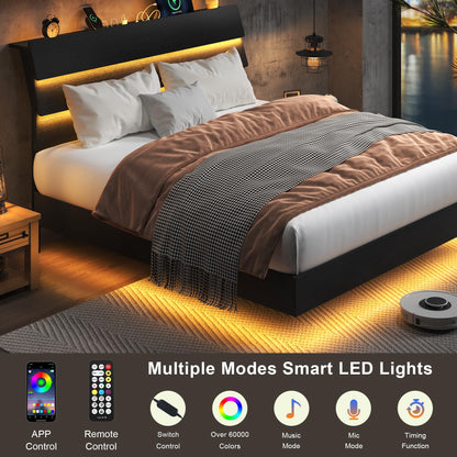 Feonase Floating Bed Frame Queen Size with Led Lights and Charging Station, Wood Queen Bed Frame with Storage Headboard, Heavy Duty Metal Slats, No Box Spring Needed, Easy Assembly, Black