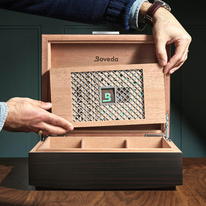 Boveda Bespoke Spanish Cedar Humidor Cigar Box with Macassar Ebony Matte Finish, Custom-Built Holder, Includes 84% Seasoning Packs and 69% Size 320 Humidity Pack, 50 Cigar Capacity